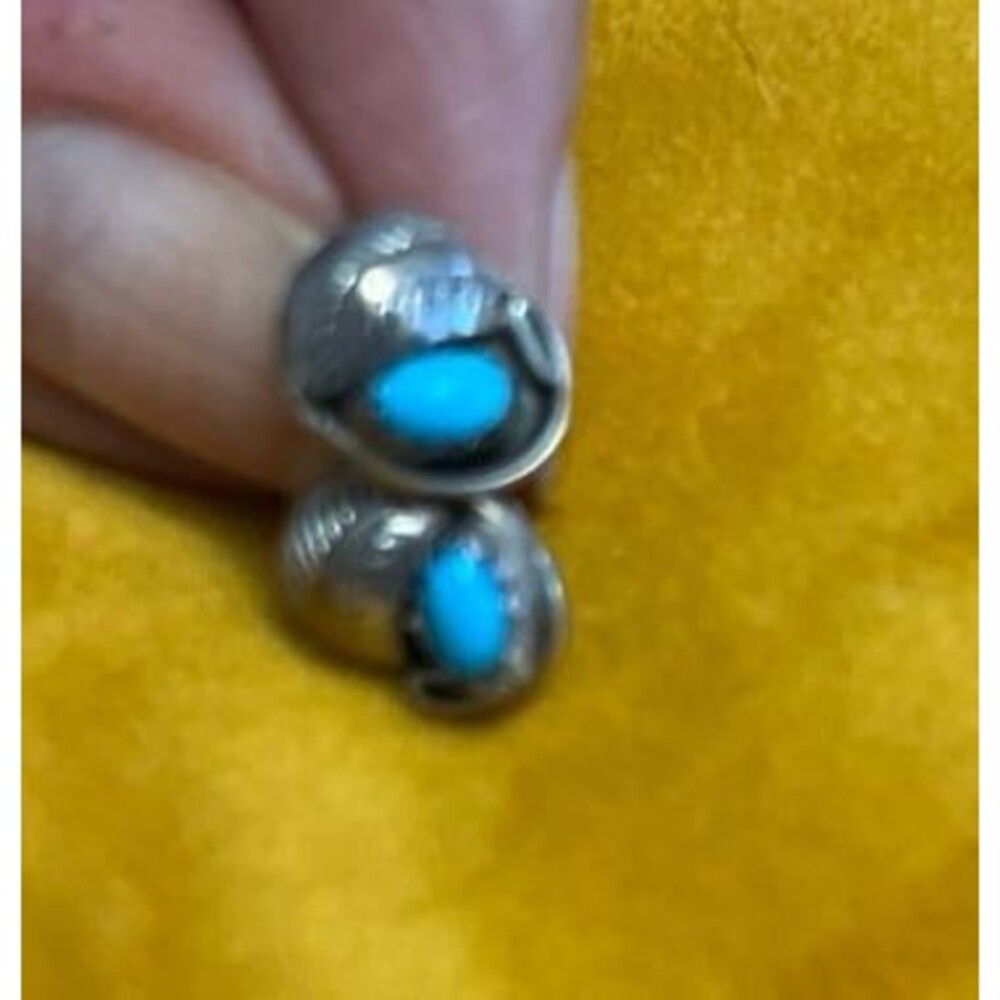 Native American Sterling Silver & Turquoise Etched Leaf Post Stud Earrings